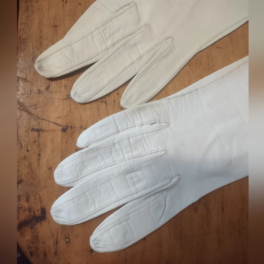 Sm Vintage Elegant White Leather Gloves Elbow Length